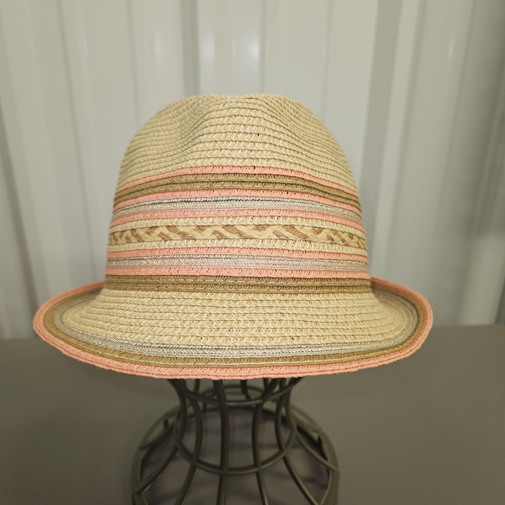 Callanan Resort Hat Fedora Womens One Size Tan Pink Striped Braided Summer Beach - Picture 7 of 9